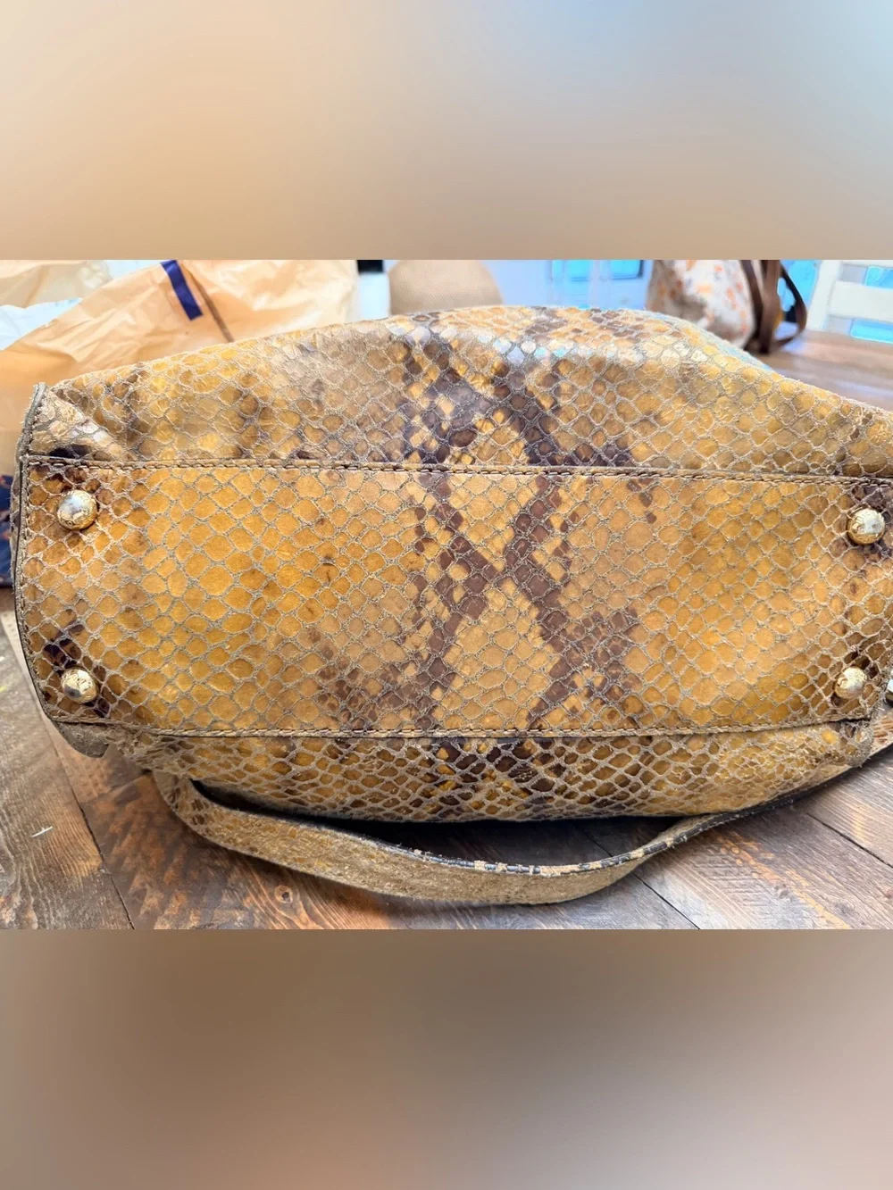Michael Kors Hamilton satchel Snake Leather Brown Purse GUC 2 charm + key chain